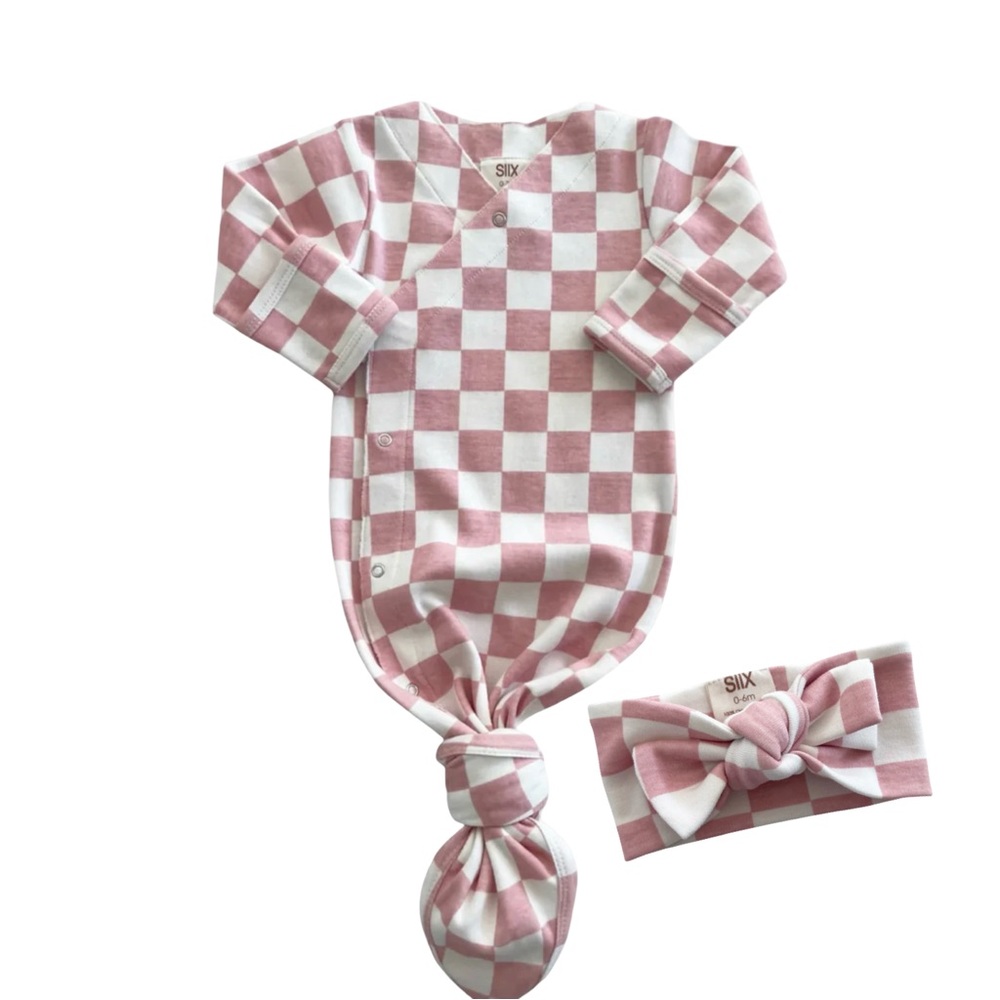 Newborn Pink and White Checkered Knotted Gown + Headband Set